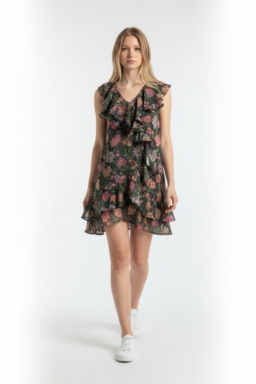 Sundance Sundress Womens XL Green Floral Chiffon Asymmetrical Ruffle Lace Trim